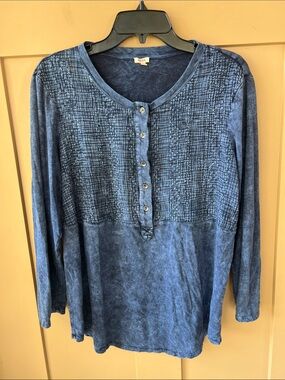 Reba XL Navy Cotton Boho Embroidered Henley Blouse